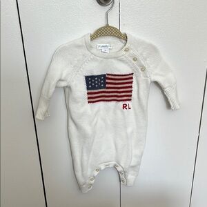 Ralph Lauren White Knit Romper with Flag Design, 3M